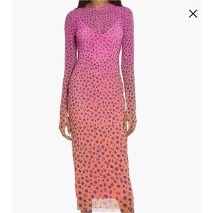 NWT AFRM Romy Long Sleeve Mesh Midi Dress In Pink Ombre Leopard Mesh L LARGE